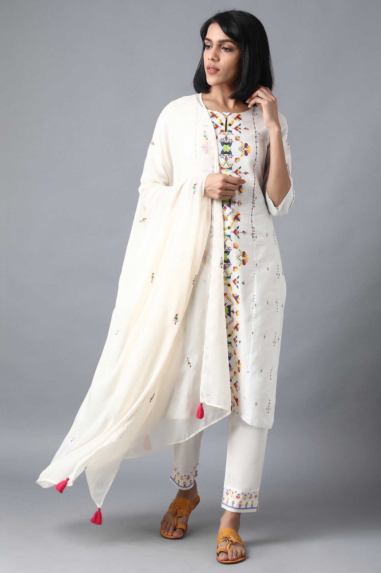 Ecru Boat Neck Printed kurta