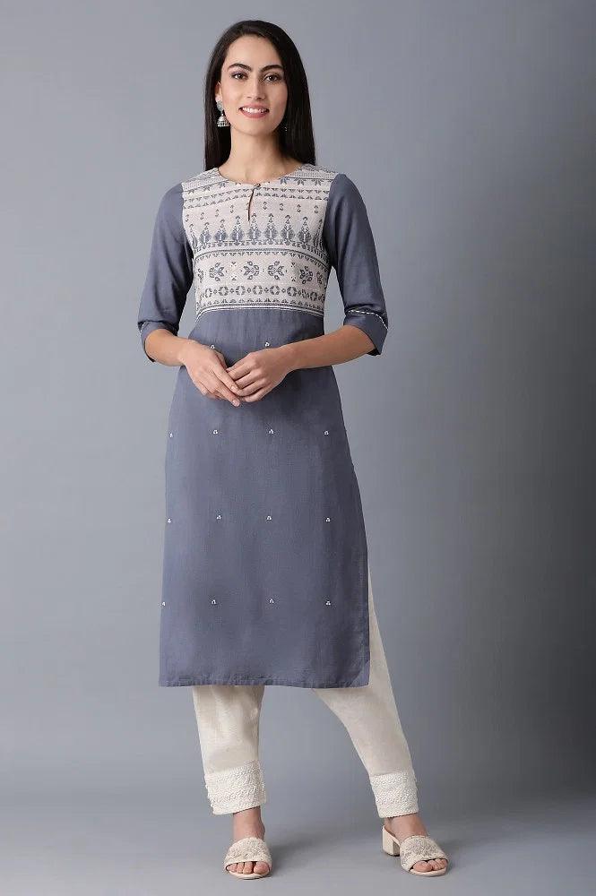 Blue Round Neck Dobby kurta - wforwoman