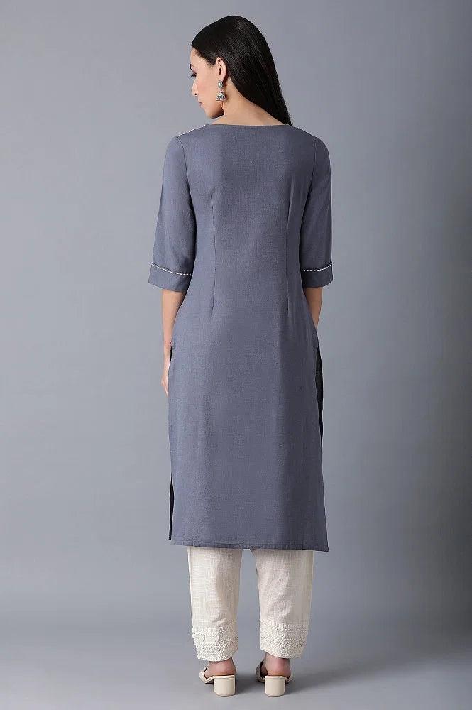 Blue Round Neck Dobby kurta - wforwoman