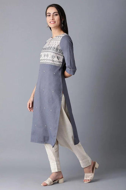 Blue Round Neck Dobby kurta - wforwoman