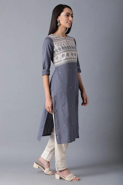 Blue Round Neck Dobby kurta - wforwoman