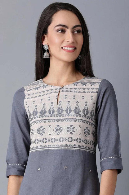 Blue Round Neck Dobby kurta - wforwoman