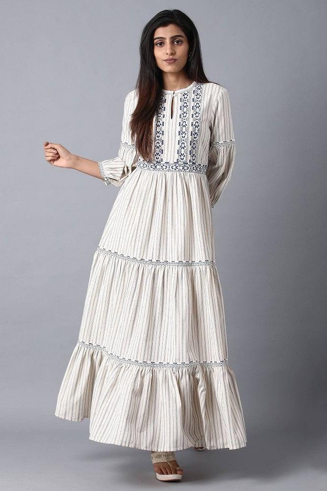 Ecru Mandarin Neck Embroidered Dress - wforwoman