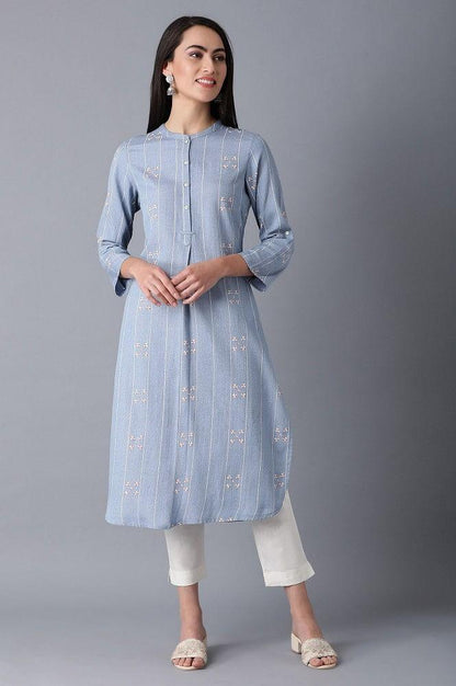 Denim Mandarin Neck Printed kurta - wforwoman