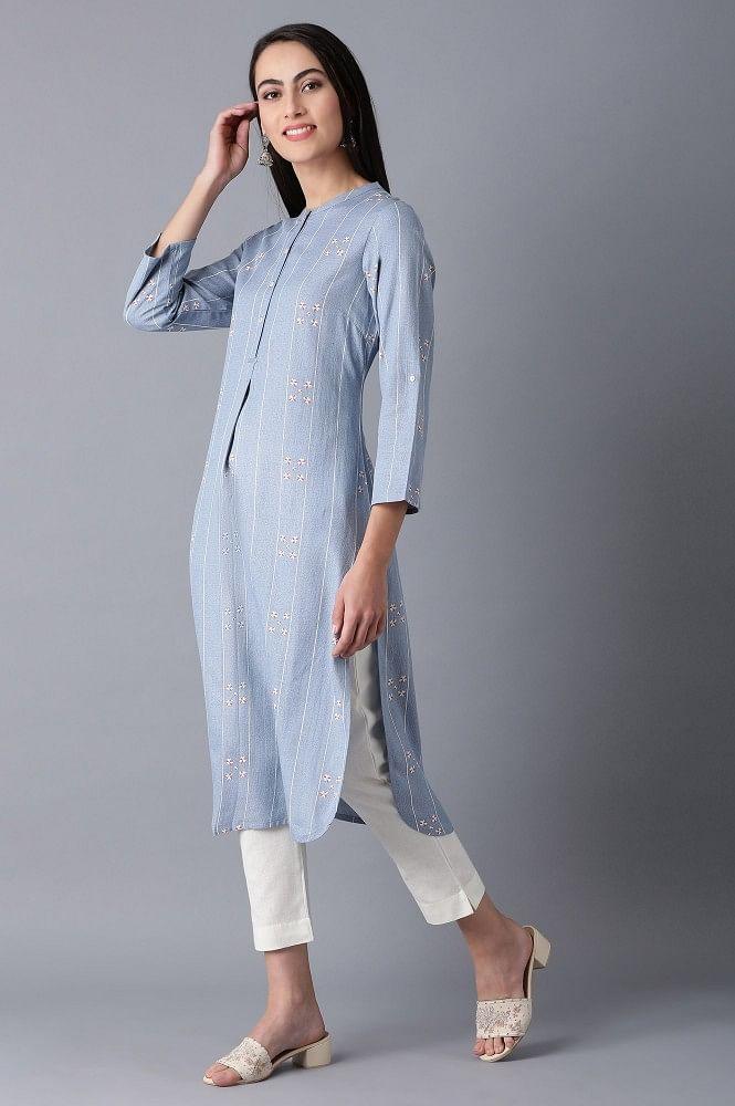 Denim Mandarin Neck Printed kurta - wforwoman