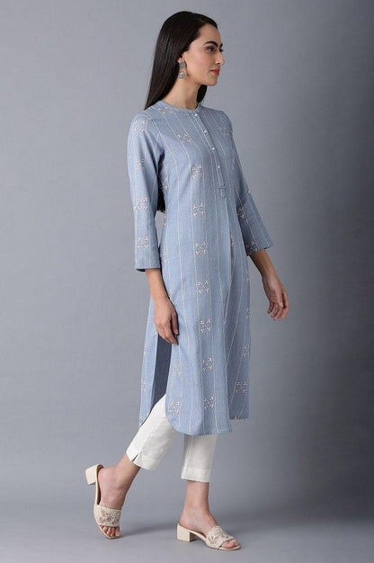 Denim Mandarin Neck Printed kurta - wforwoman