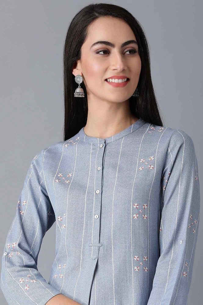 Denim Mandarin Neck Printed kurta - wforwoman