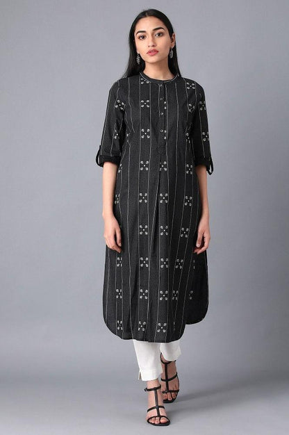 Black Mandarin Neck Printed kurta - wforwoman