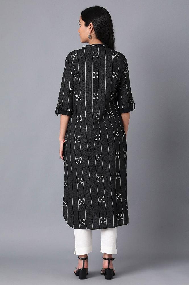 Black Mandarin Neck Printed kurta - wforwoman