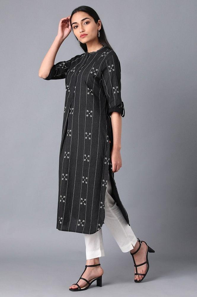 Black Mandarin Neck Printed kurta - wforwoman