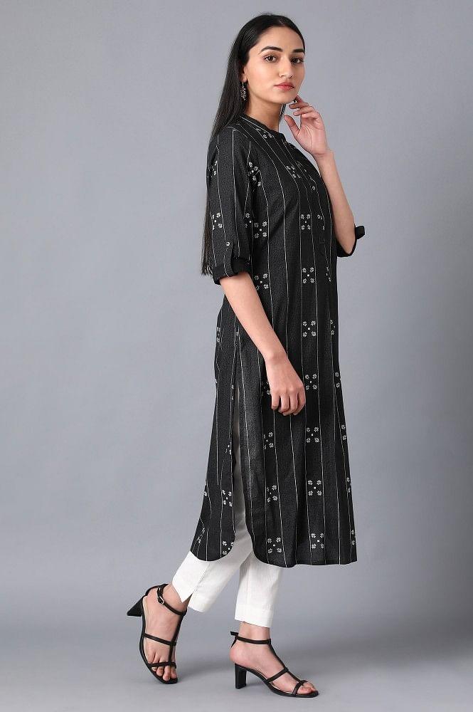 Black Mandarin Neck Printed kurta - wforwoman