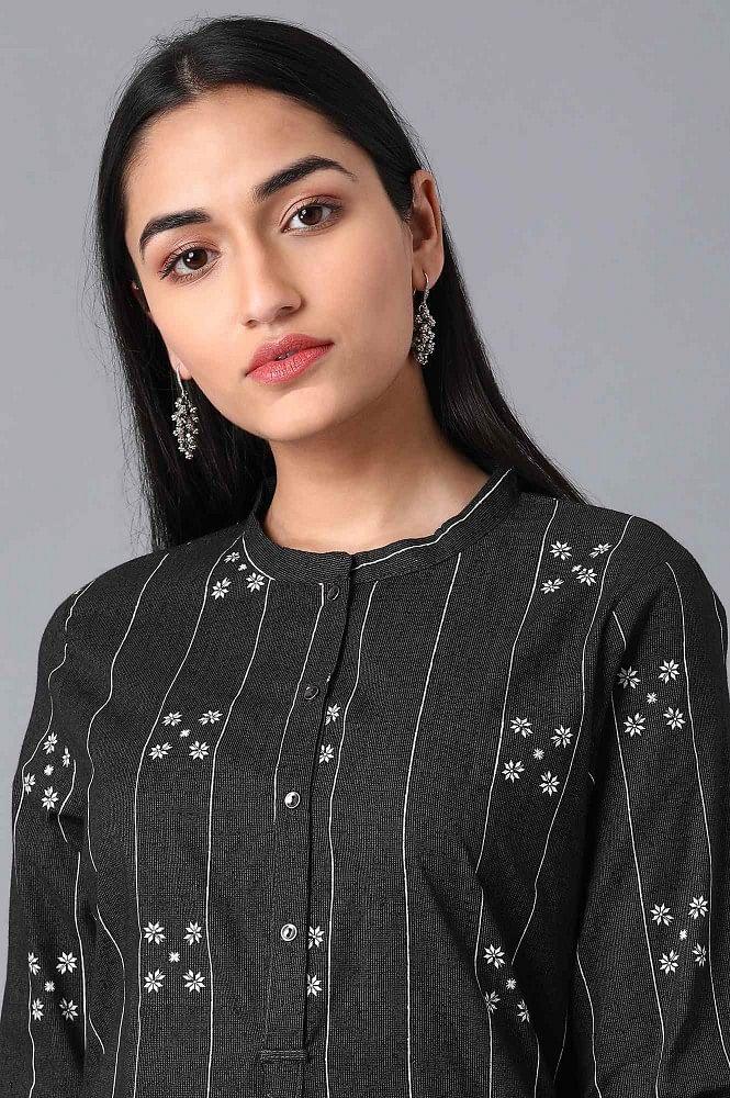 Black Mandarin Neck Printed kurta - wforwoman