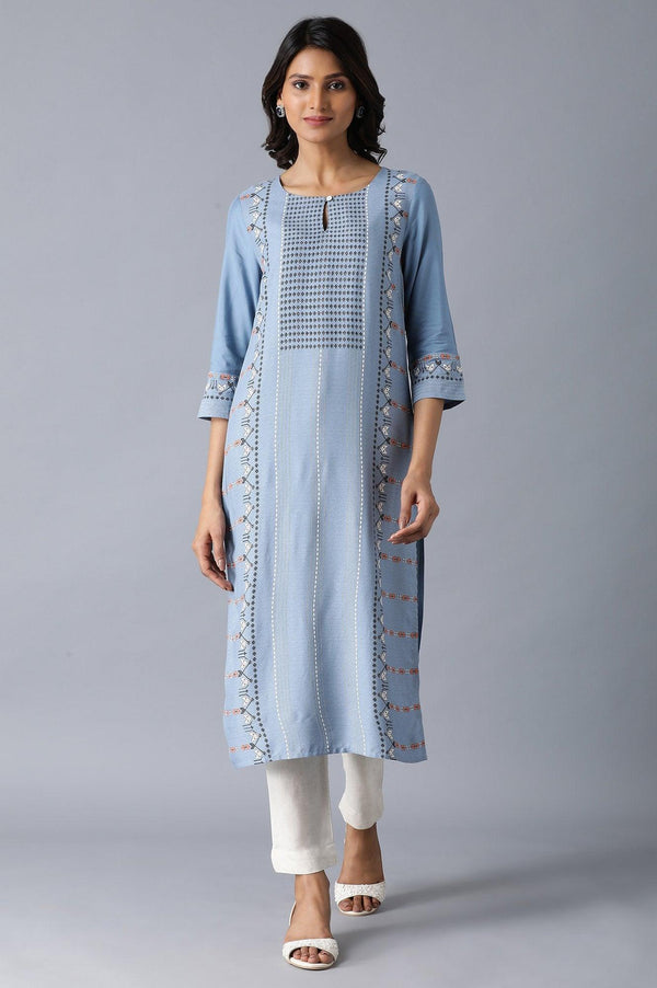 Denim Blue Round Neck Straight Kurta