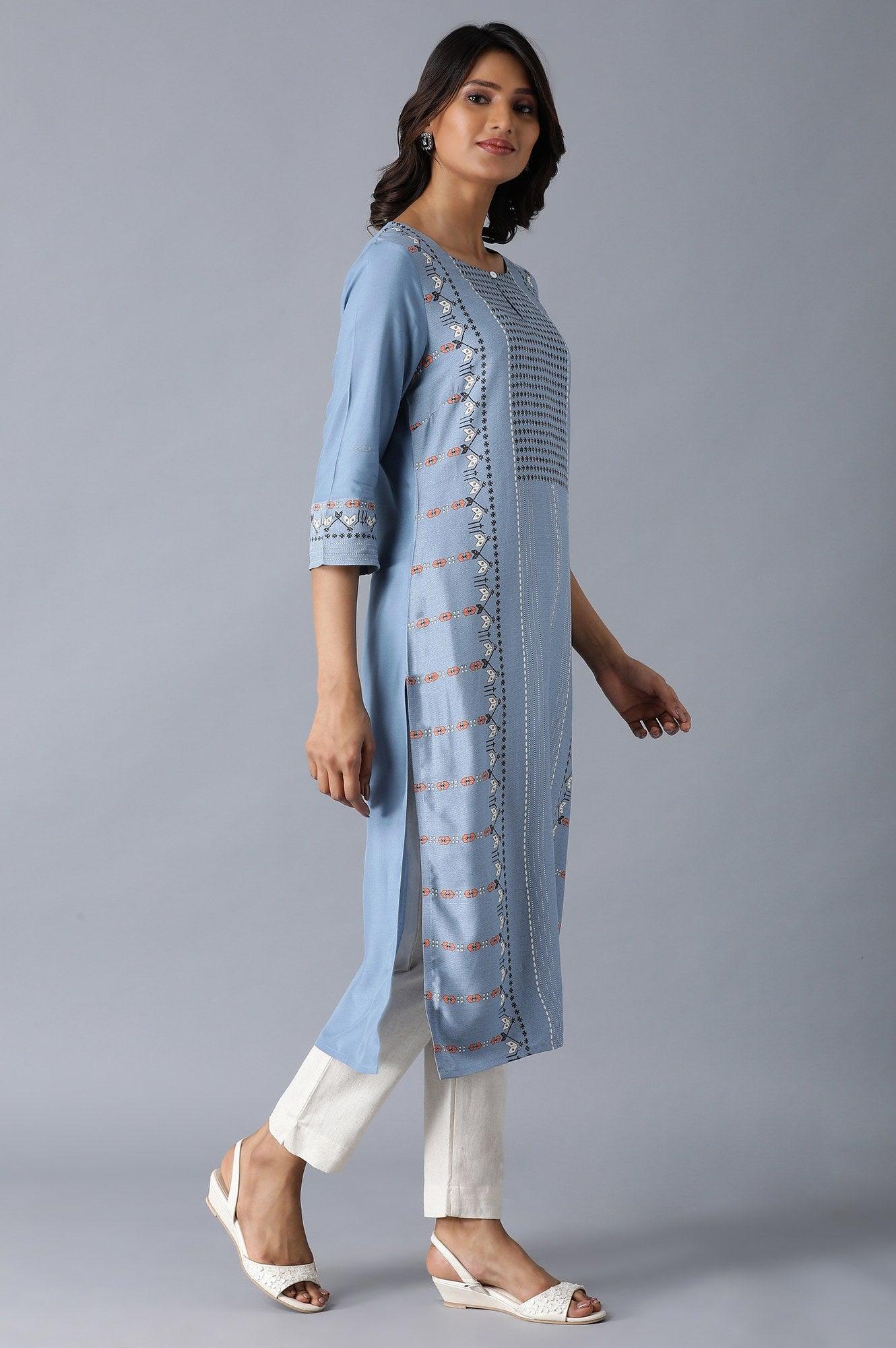 Denim Blue Round Neck Straight Kurta – wforwoman - Main Image