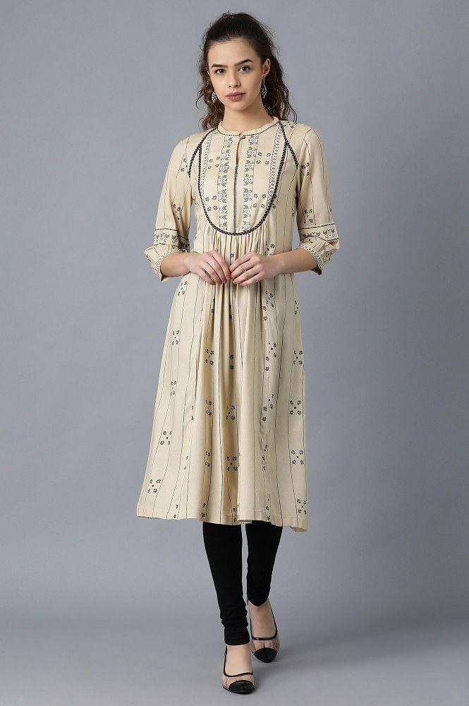 Beige Round Neck Gathered kurta - wforwoman