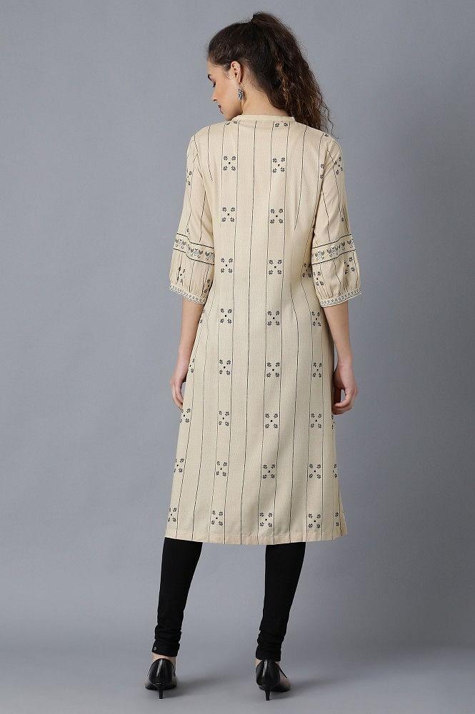 Beige Round Neck Gathered kurta - wforwoman