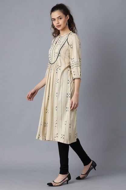 Beige Round Neck Gathered kurta - wforwoman