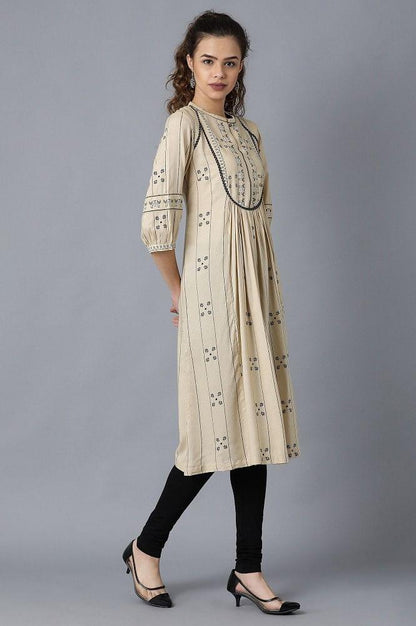 Beige Round Neck Gathered kurta - wforwoman