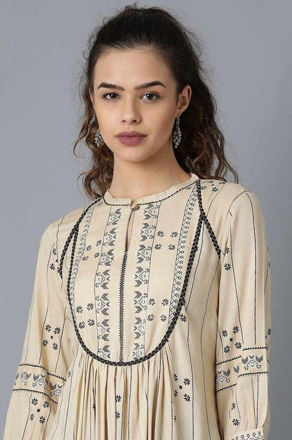 Beige Round Neck Gathered kurta - wforwoman