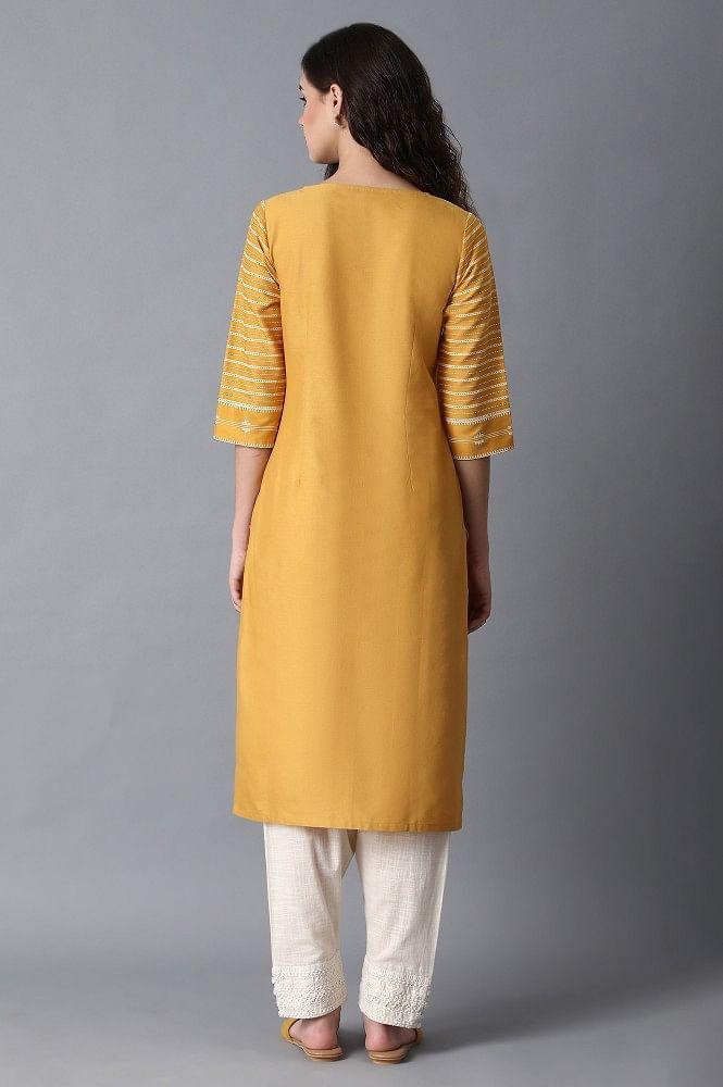 Yellow Round Neck Embroidered kurta - wforwoman