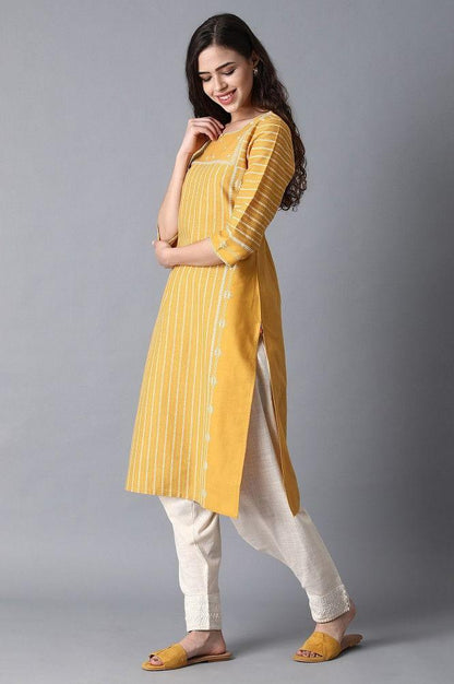 Yellow Round Neck Embroidered kurta - wforwoman