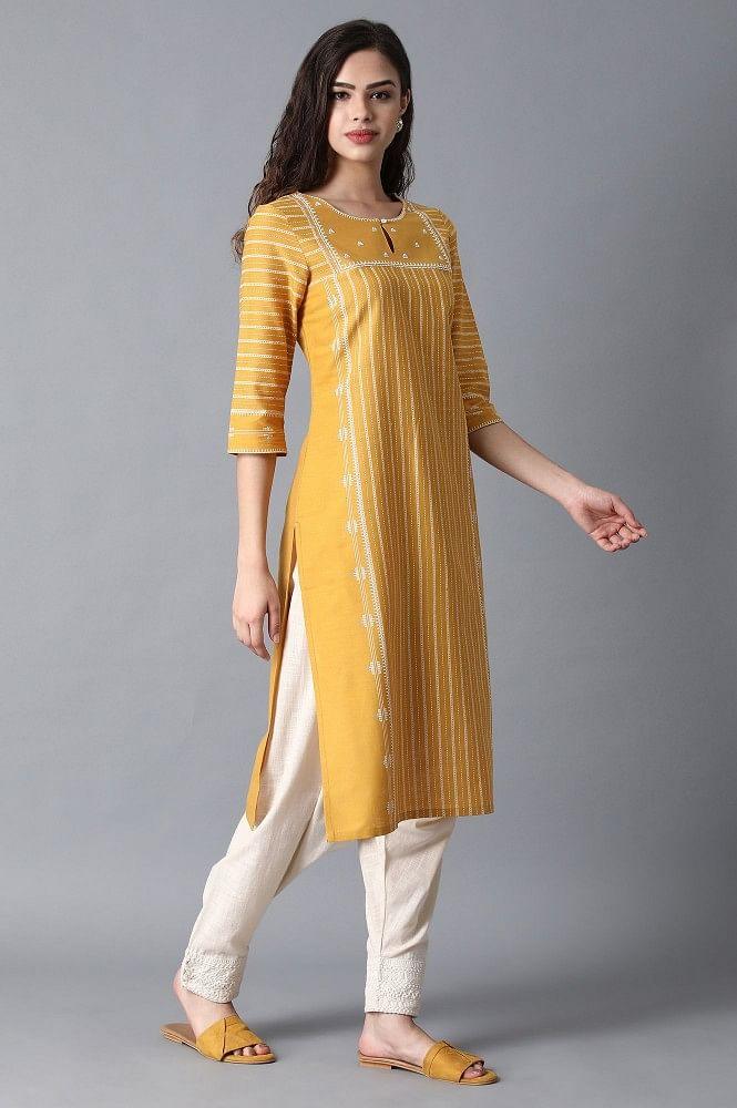 Yellow Round Neck Embroidered kurta - wforwoman