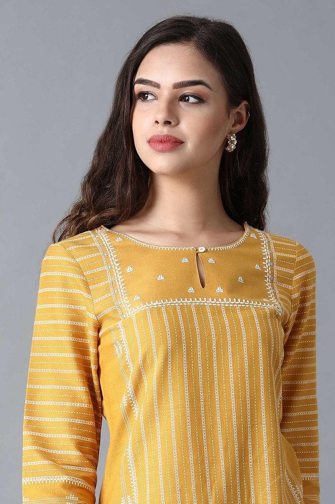 Yellow Round Neck Embroidered kurta - wforwoman