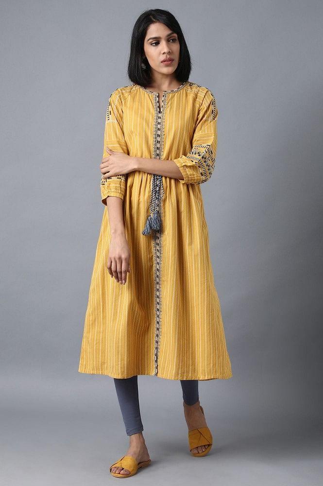 Yellow Round Neck Embroidered Dress - wforwoman