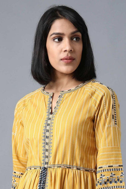 Yellow Round Neck Embroidered Dress - wforwoman