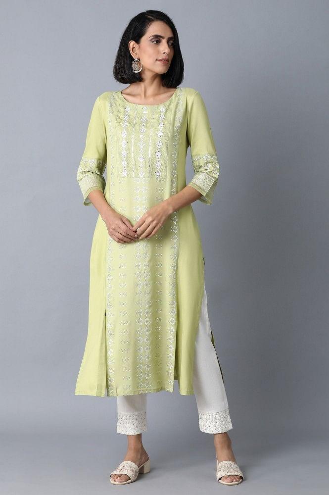 Green Shantung Straight kurta - wforwoman