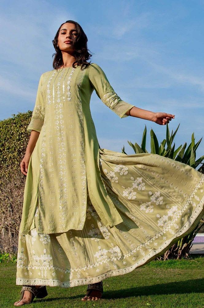 Green Shantung Straight kurta - wforwoman