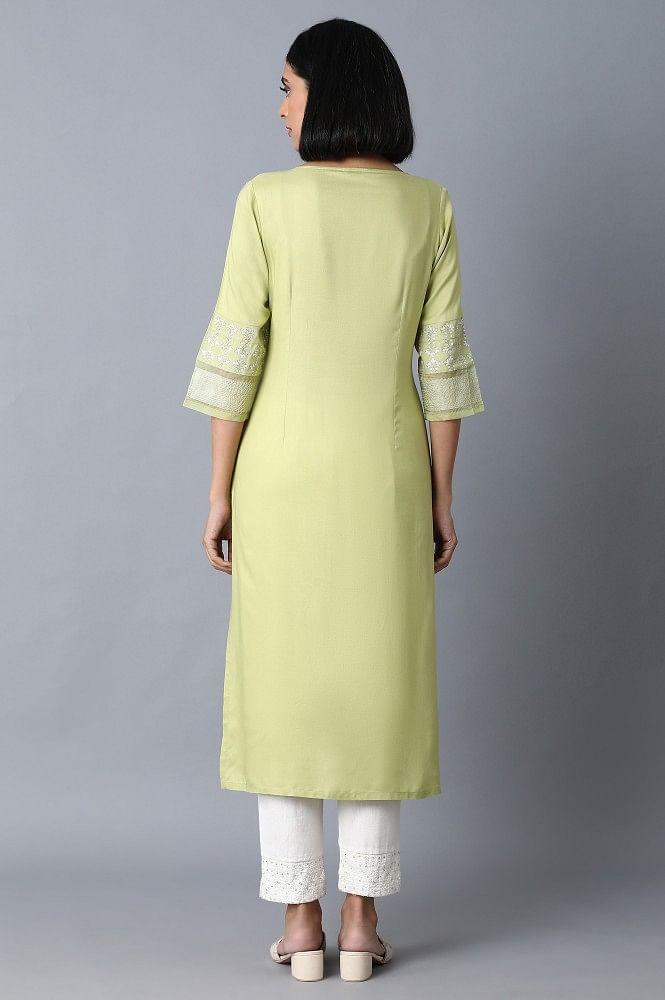 Green Shantung Straight kurta - wforwoman