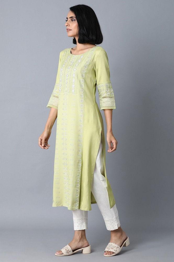 Green Shantung Straight kurta - wforwoman