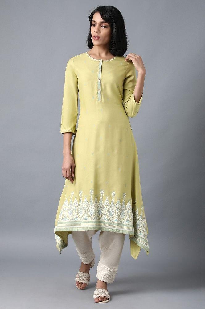 Green Round Neck Printed Livaeco kurta - wforwoman