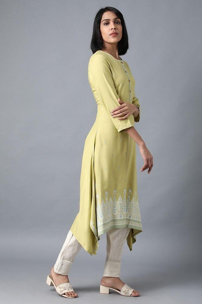 Green Round Neck Printed Livaeco kurta - wforwoman