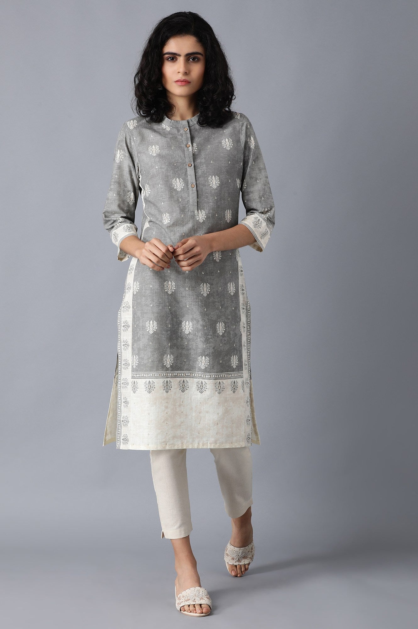 Grey Mandarin Neck Printed kurta