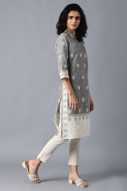 Grey Mandarin Neck Printed kurta