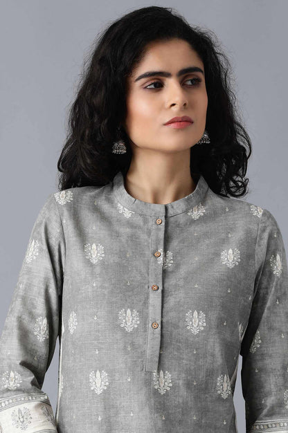 Grey Mandarin Neck Printed kurta