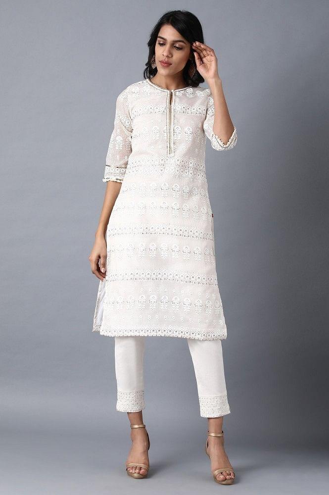 White Round Neck Printed kurta - wforwoman