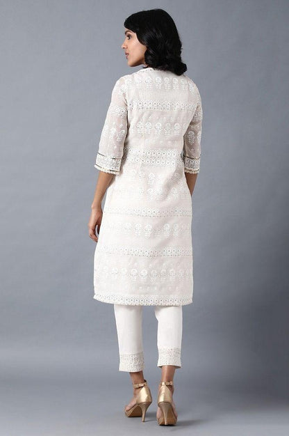 White Round Neck Printed kurta - wforwoman