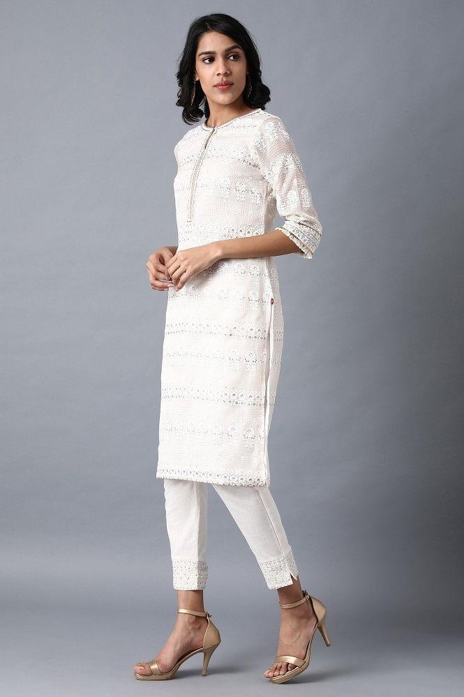 White Round Neck Printed kurta - wforwoman