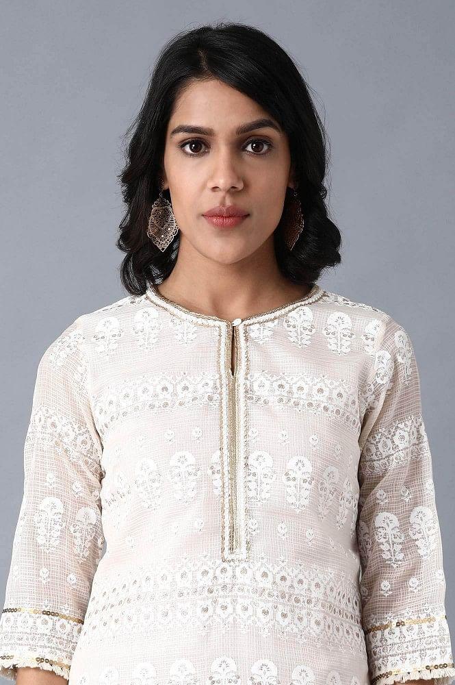 White Round Neck Printed kurta - wforwoman