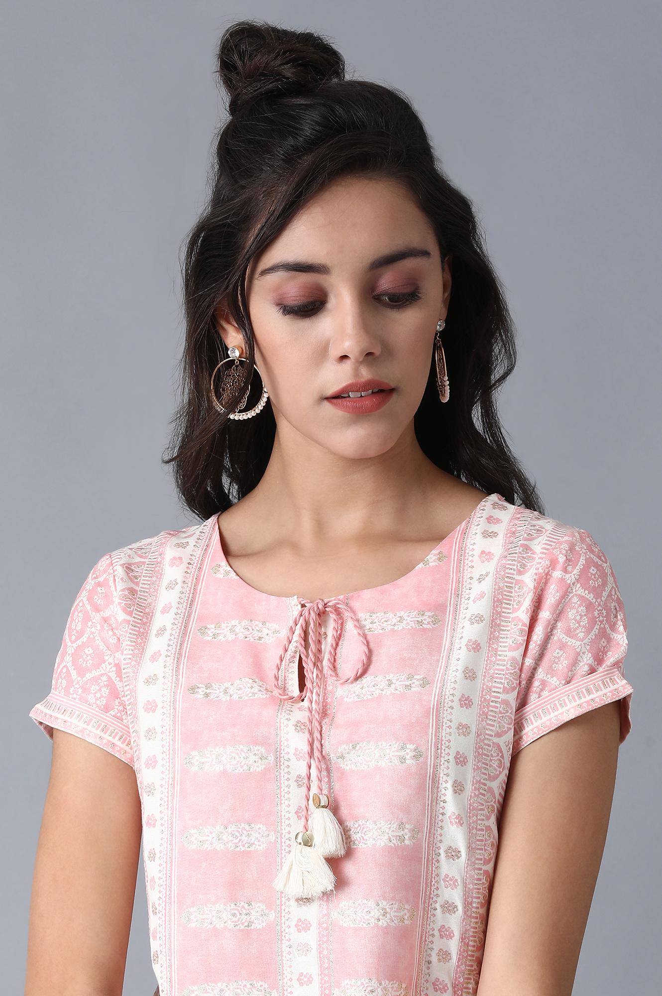 Pink Round Neck Printed Livaeco kurta