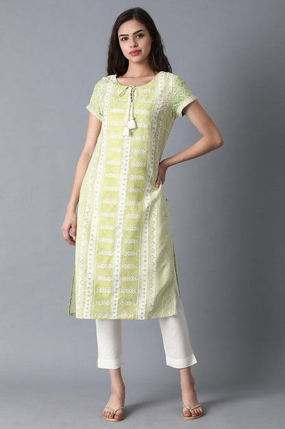 Ecru And Light Green Floral Printed kurta - wforwoman