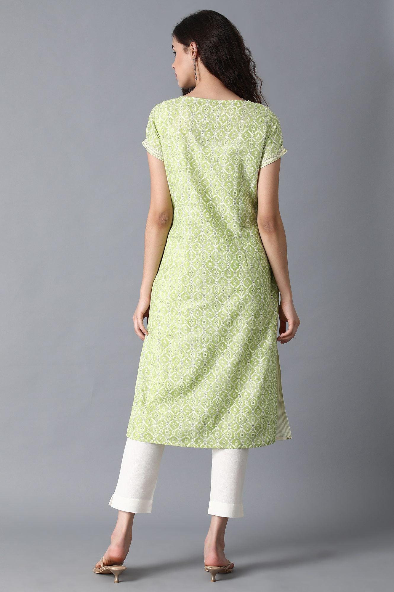 Ecru And Light Green Floral Printed kurta - wforwoman