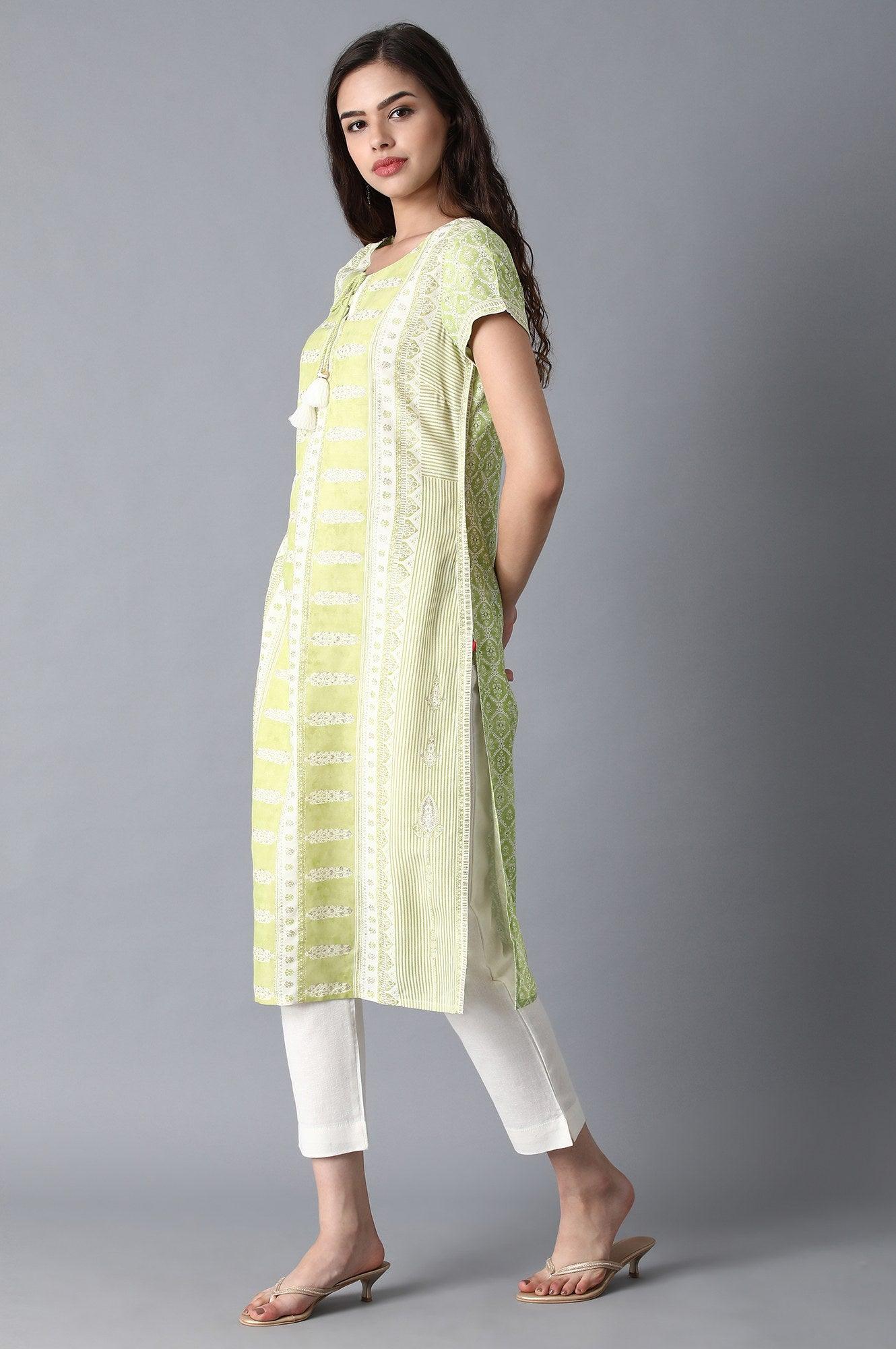 Ecru And Light Green Floral Printed kurta - wforwoman