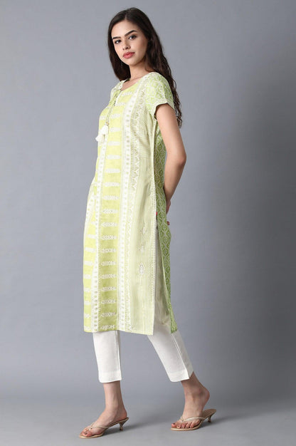 Ecru And Light Green Floral Printed kurta - wforwoman