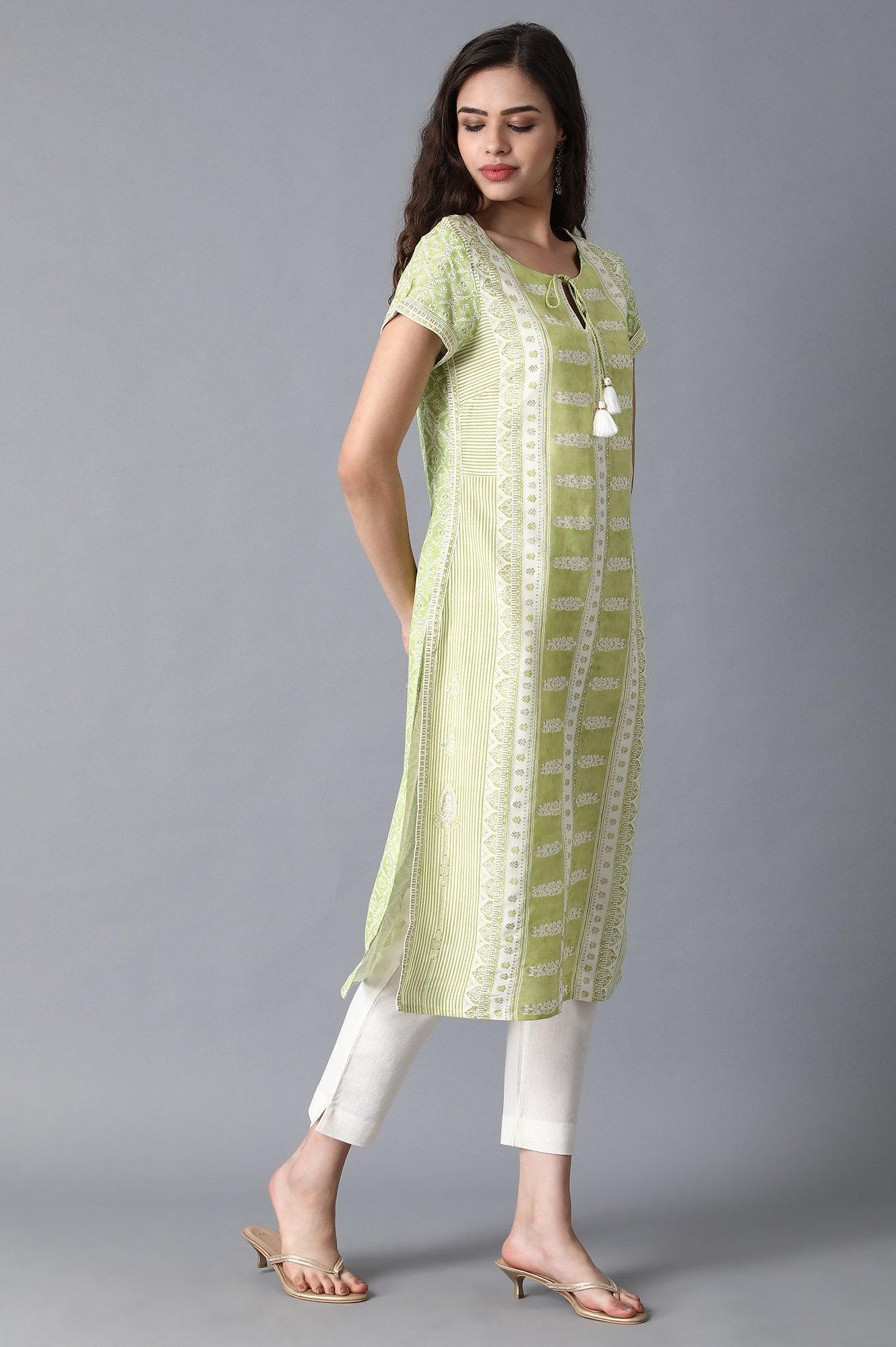 Ecru And Light Green Floral Printed kurta - wforwoman