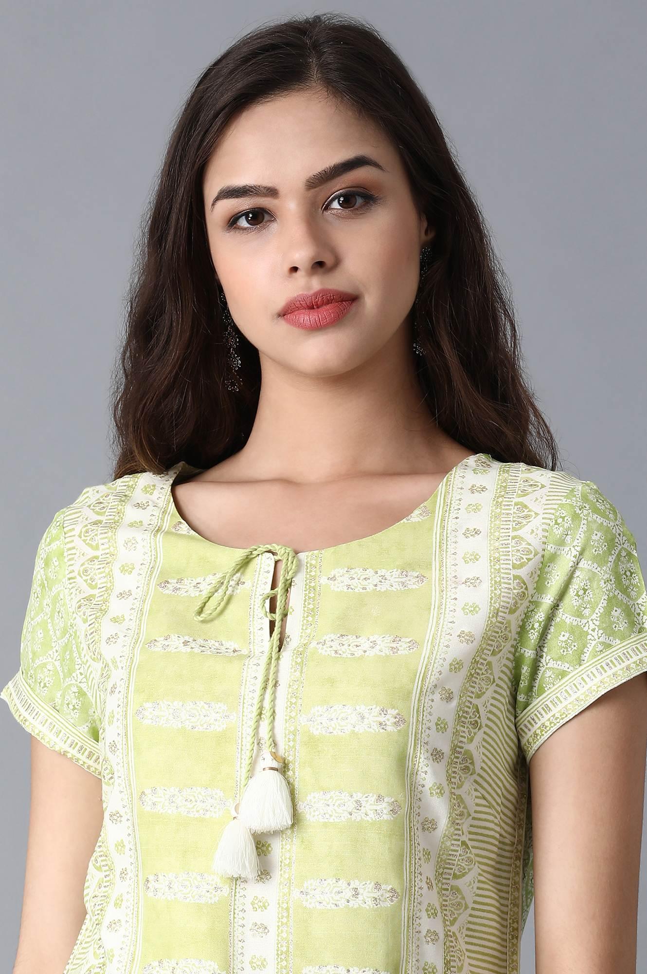 Ecru And Light Green Floral Printed kurta - wforwoman