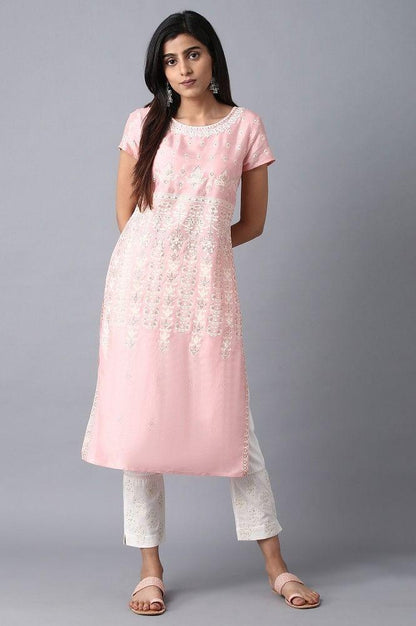 Pink Round Neck Embroidered kurta - wforwoman